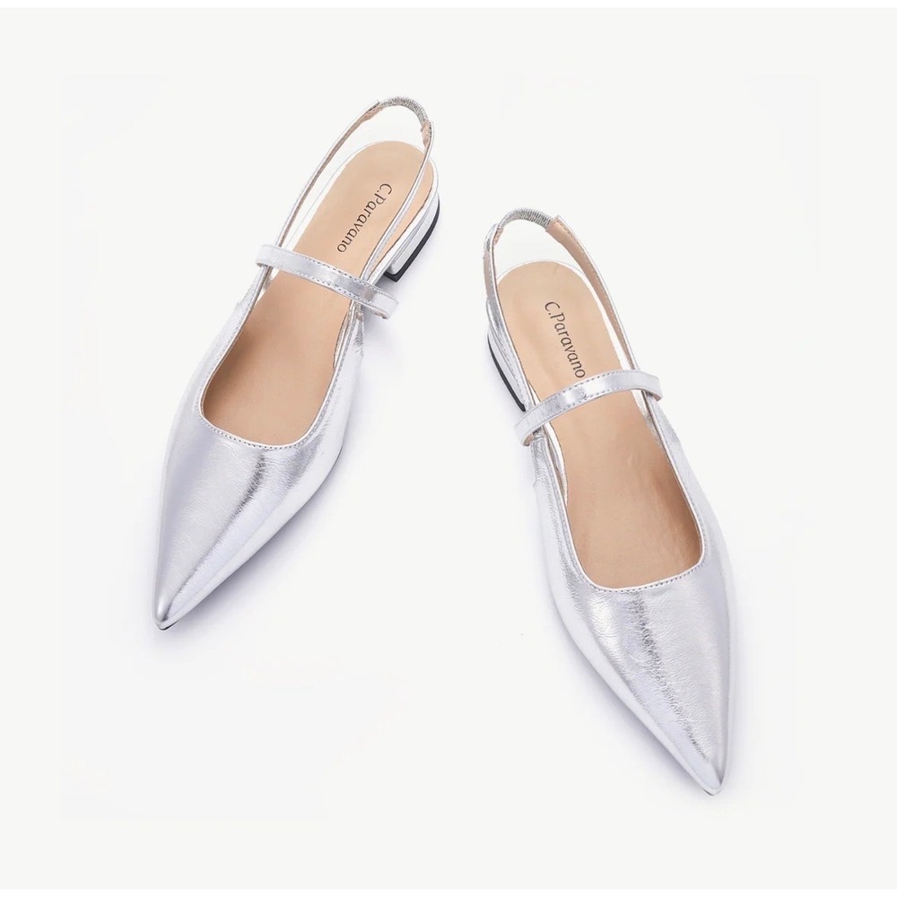 C.Paravano Silver Metallic Pointed Toe Slingback Mary Jane Flats Versatile S6.5